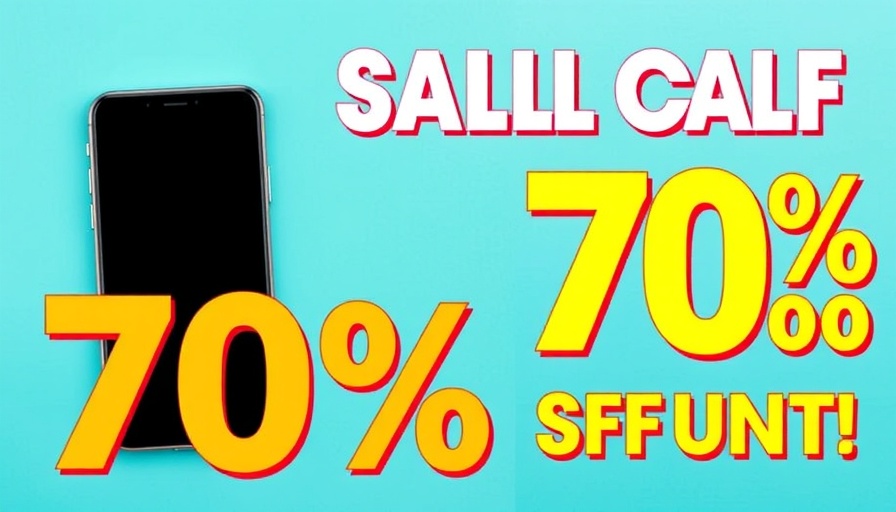 Vibrant banner showcasing 70% discount with smartphone and headphones.
