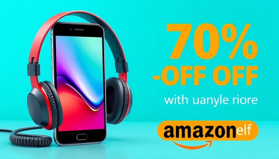 Ad banner with discount, smartphone, headphones, turquoise background.
