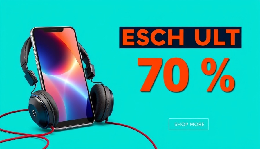 Promotional banner with phone and headphones offering discount.