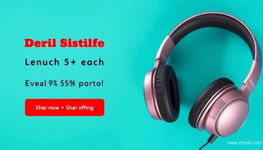 Advertisement banner with smartphone and headphones, discount offer.