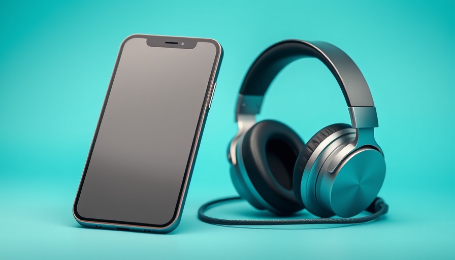 Modern mobile phone and headphones ad on teal background.