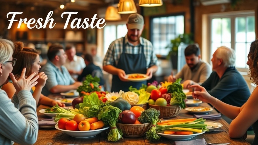 Fresh Taste: Vibrant farmer serving fresh produce dishes at a rustic table.