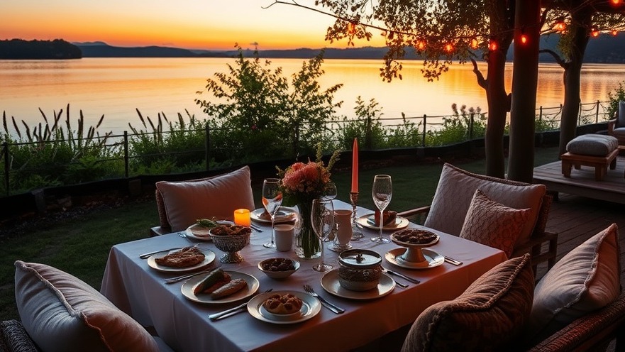 Luxury escape: Serene lakeside dining with gourmet food and elegant decor.
