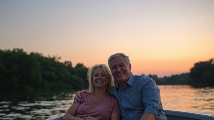 Mature couple enjoying a serene sunset on water in 1000 Islands, surrounded by greenery.