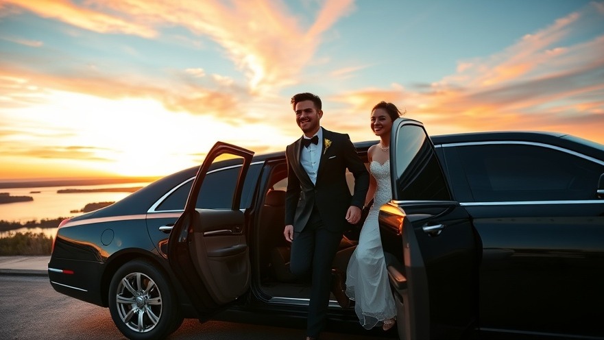 Refined couple in elegant attire exiting a sleek black limousine at sunset over the 1000 Islands.