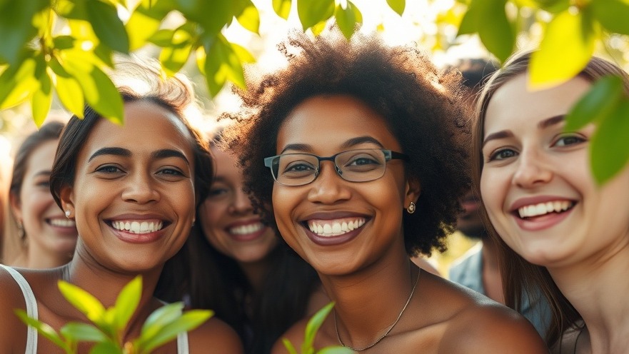 Diverse group of people smiling in a lush, glowing outdoor scene at 1000 Islands.