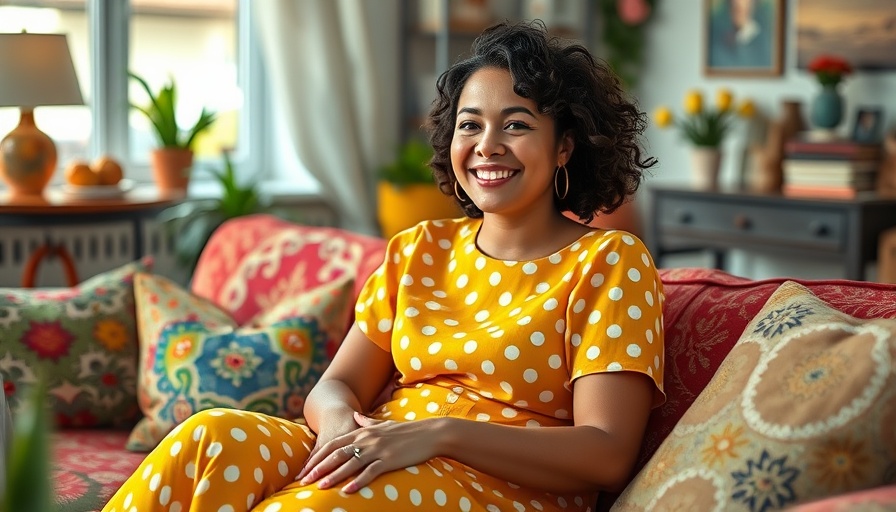 Tips for happier living: Woman smiling in vibrant cozy room.