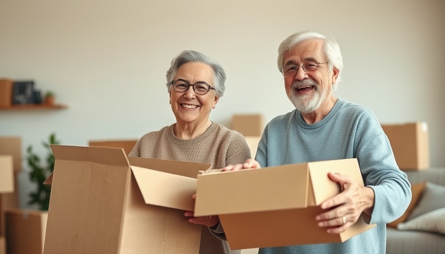 Elderly couple unpacking boxes in transition to assisted living.