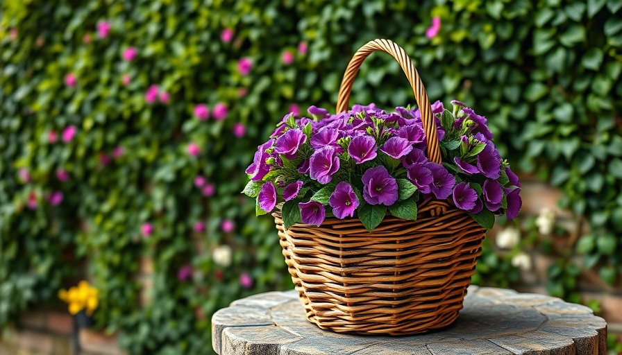 Charming container gardening ideas with a woven basket and purple flowers.