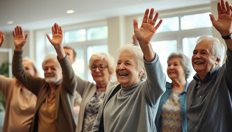 Joyful seniors socializing in assisted living center, hands raised.