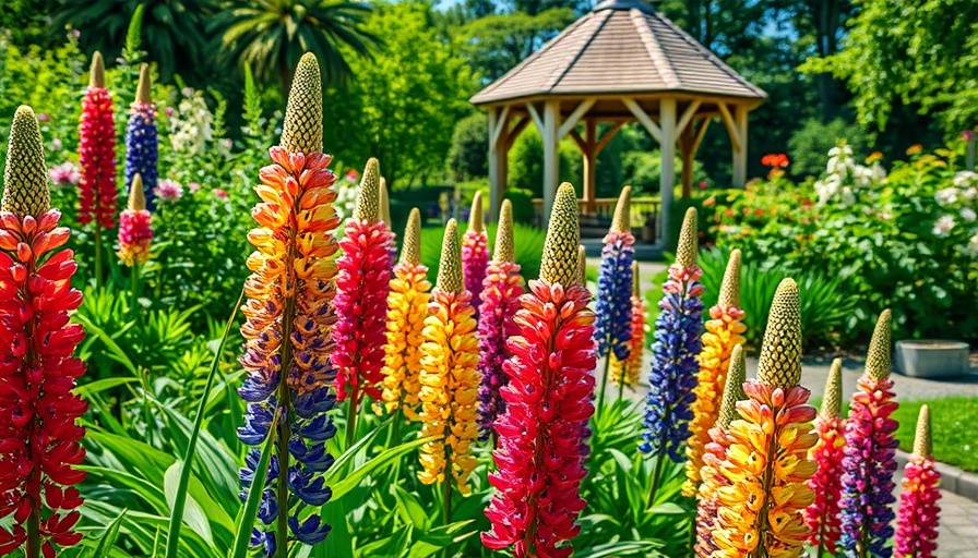 Vibrant garden at Lee’s Spring Garden Mohawk Valley with lupines and gazebo.