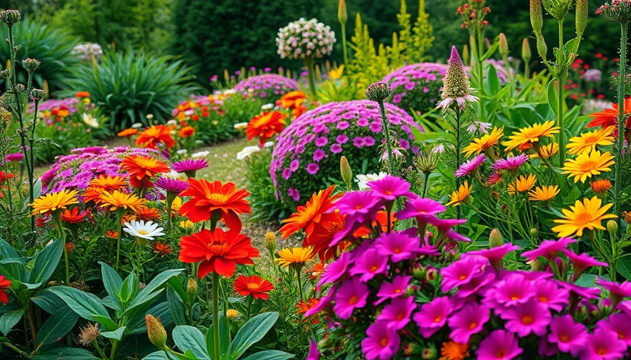 Lush garden scene in Lawrie's Ontario Garden with vibrant flowers.