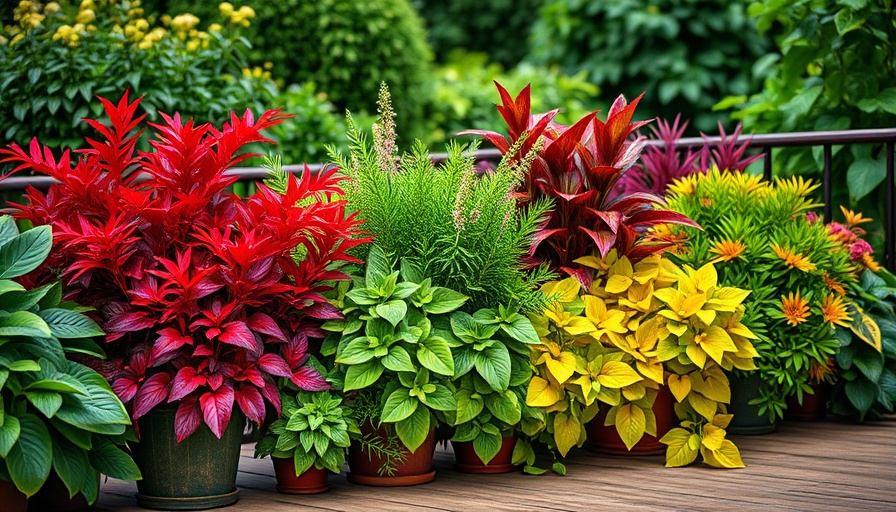 Colorful potted plants for urban gardening inspiration on a wooden deck.