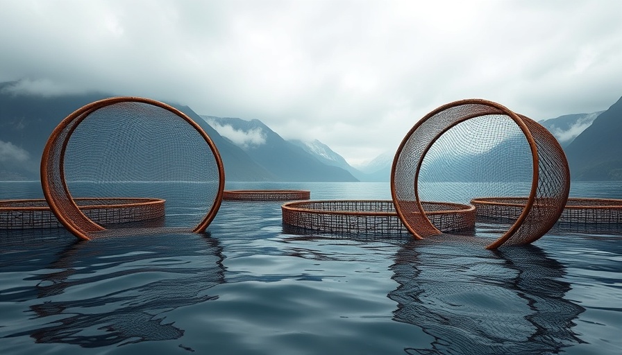 Sustainable salmon farming setup in misty, mountainous sea area