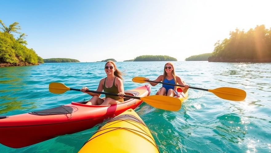 Two friends kayaking in the 1000 Islands' crystal-clear waters, embracing summer joy.