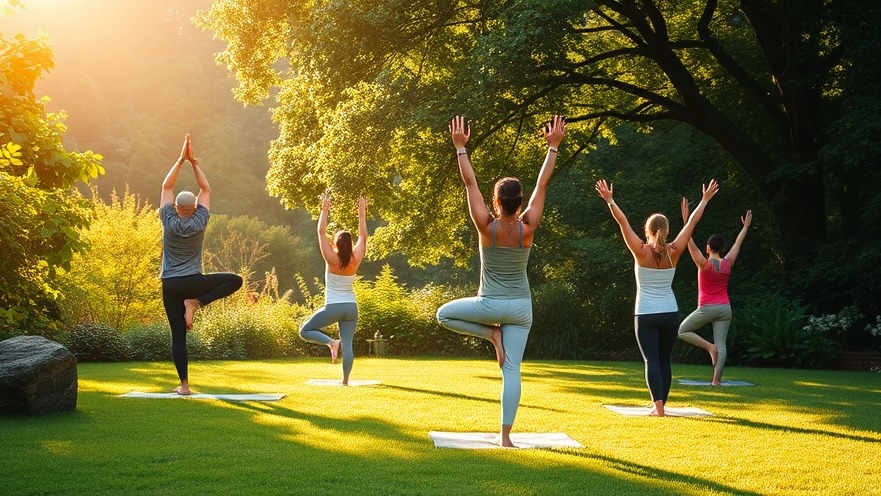 Serene outdoor yoga practicing poses in lush greenery and soft sunlight.