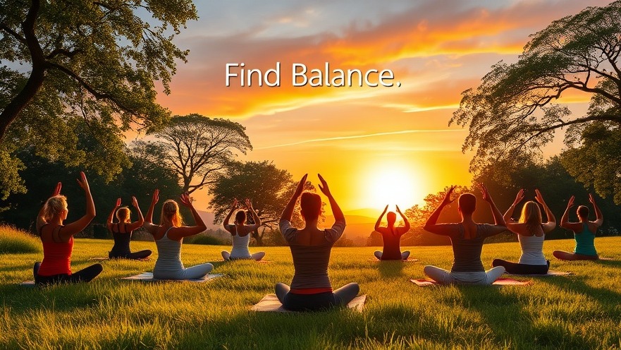 Diverse individuals practicing yoga at sunrise, promoting balance in nature.