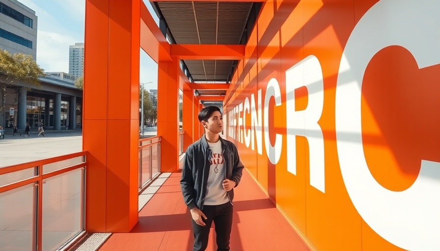 Young man explores a bright orange walkway in Las Vegas during a sunny day.