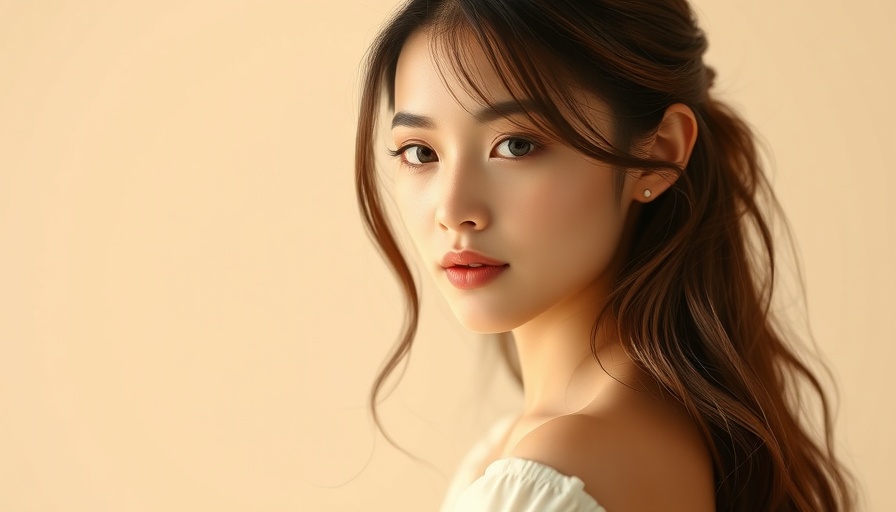 Elegant woman in cream dress, serene expression, glowing skin for spring.