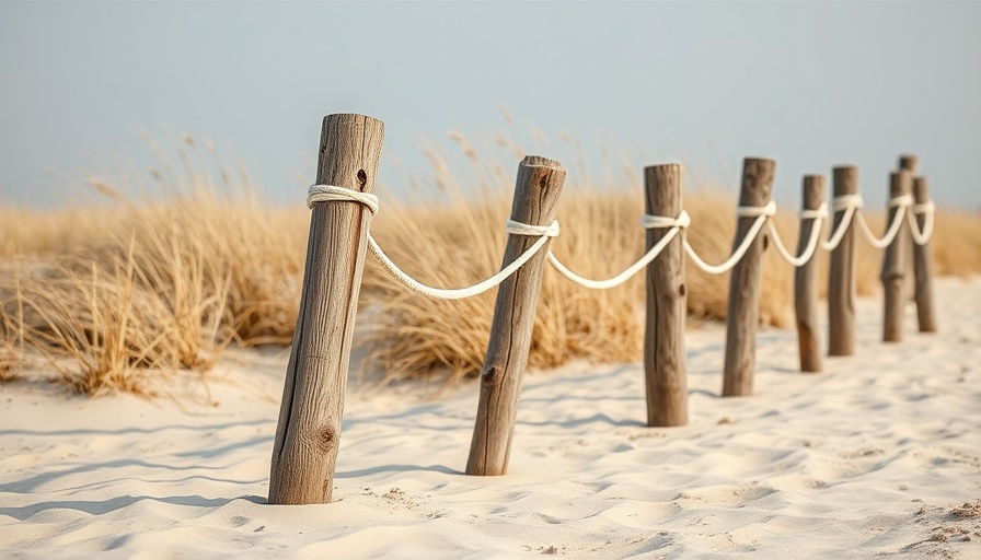Wooden posts and rope fence on sandy beach, symbolizing boundaries.