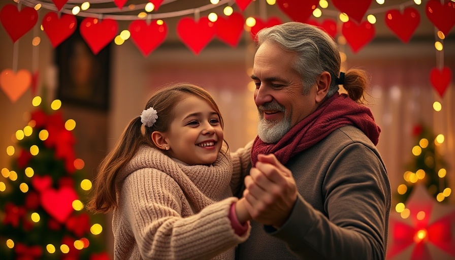 Father-daughter dance under red hearts, warm glow lighting.