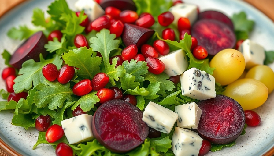 Pomegranate and Beet Salad with Grapes and Blue Cheese on a plate.
