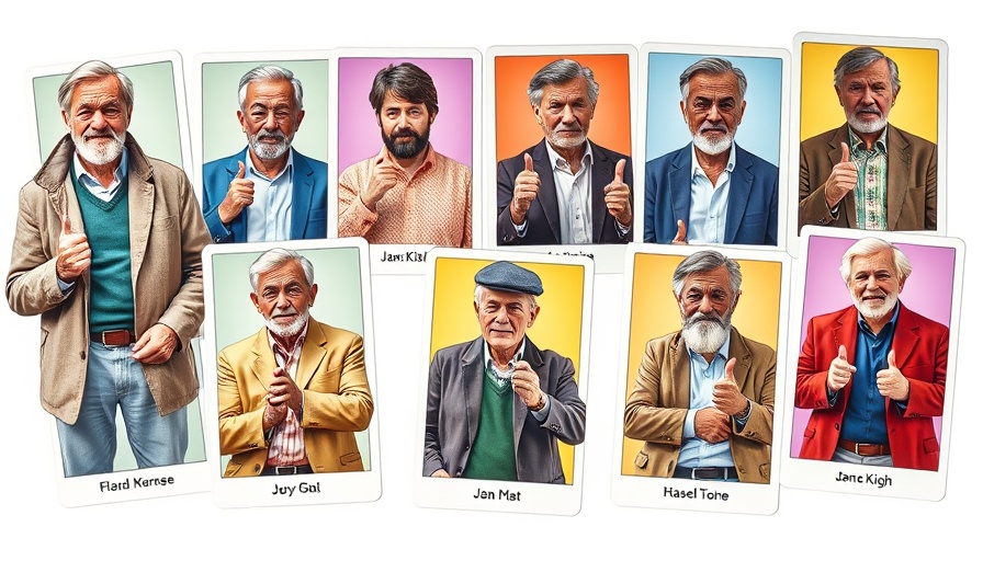 Trading cards featuring middle-aged men with diverse styles.