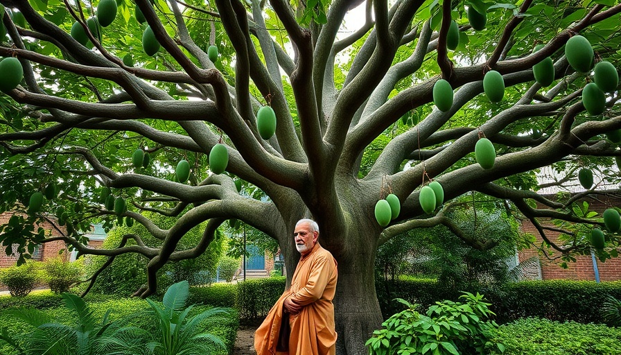 Elderly man stands by an expansive mango tree with 300 varieties.