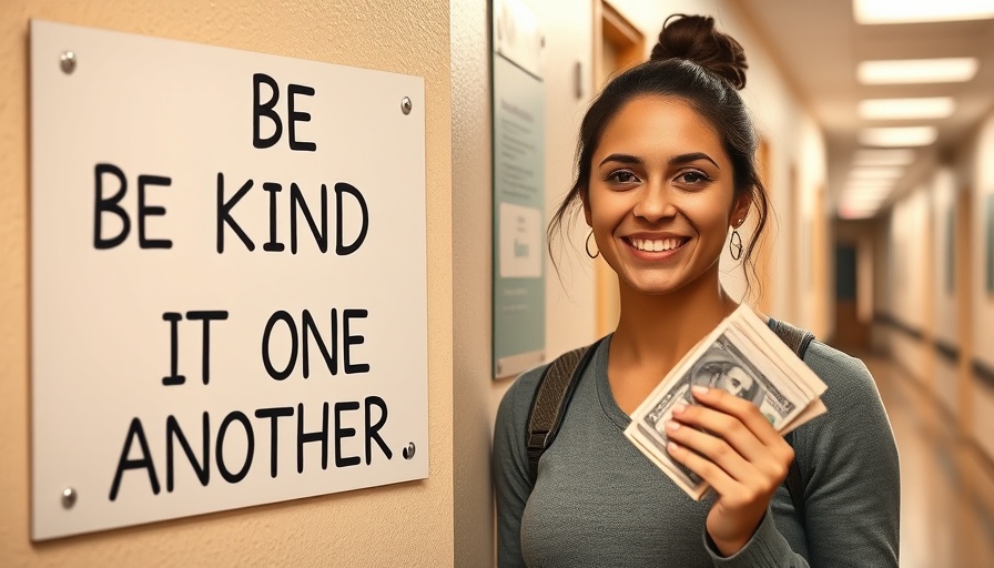 Woman holding money by 'Be Kind to One Another' sign during Kindness Challenge.