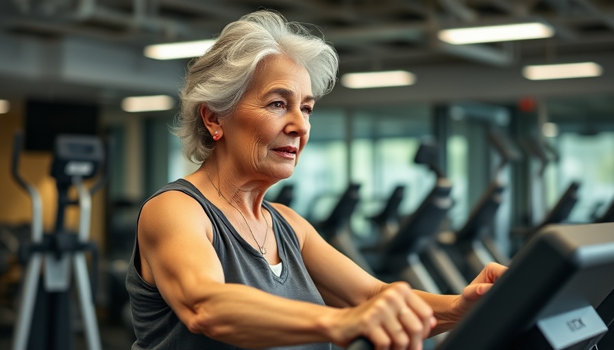 Older woman exercising on elliptical, reversing effects of aging in gym.