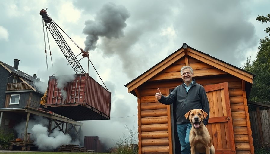 Hero crane driver scene alongside a man with dog outside shed.