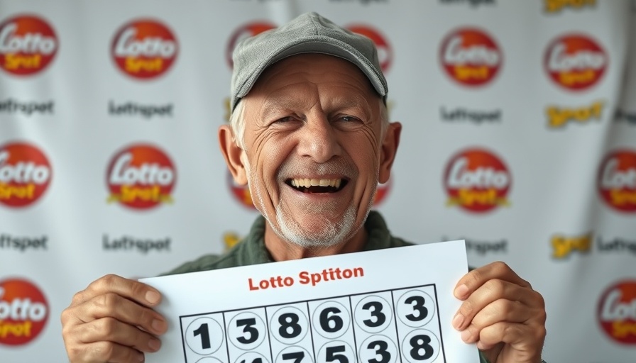 Elderly man wins lottery, holds Lotto sign, photorealistic, Lotto Spot background.