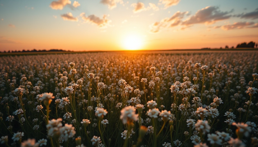 Fields of white flowers under a golden sunset. Listen to Your Intuition.