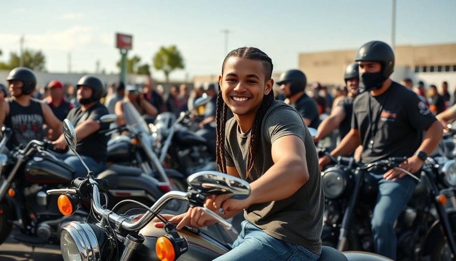 Bikers support bullied teen to prom, surrounded by motorcycles.
