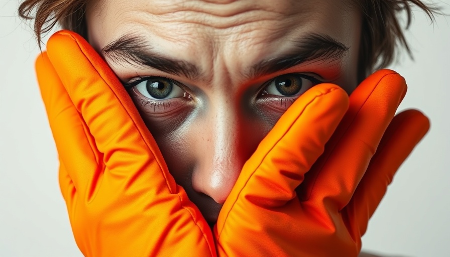 Close-up of face with orange gloves and visible eye, hyperpigmentation treatment concept.