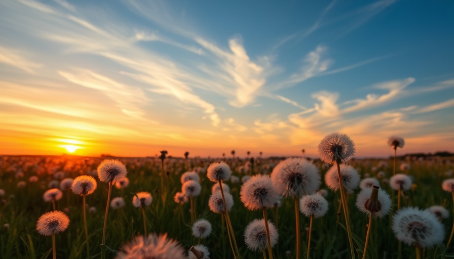 Peaceful sunset over dandelion field, symbolizing personal growth.
