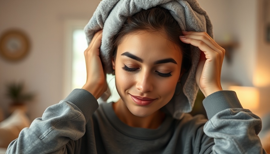 Woman wearing a sweatshirt, wrapping her hair with a towel, relaxed home scene.