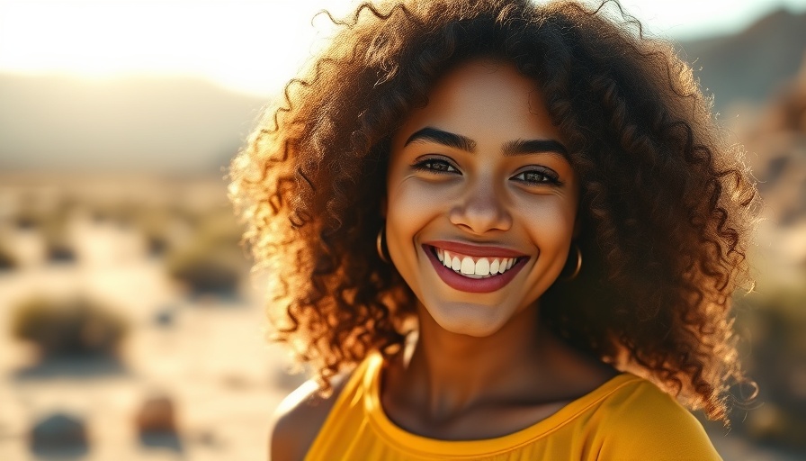 Smiling woman in bright yellow top outdoors, highlighting post-sun skincare.
