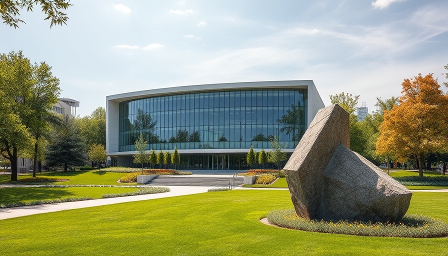 Modern building with glass facade in landscaped park, preventative medicine education.