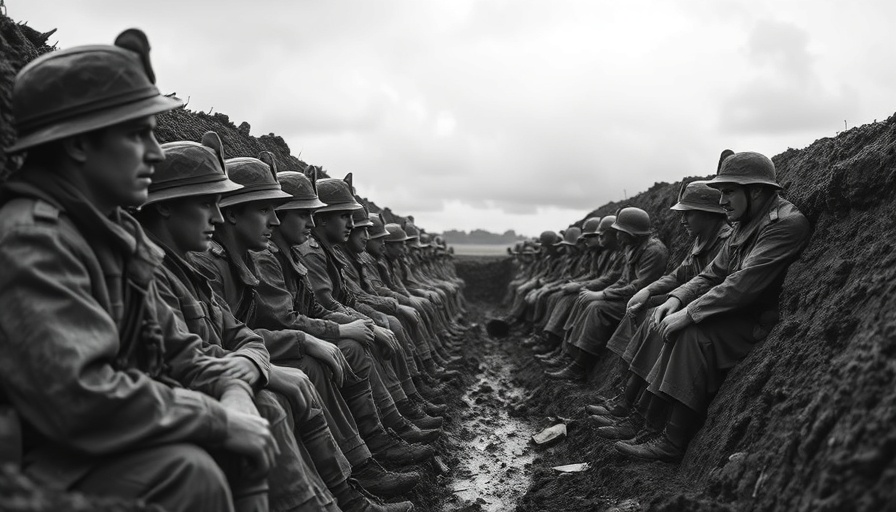 Group of soldiers in a trench looking contemplative.