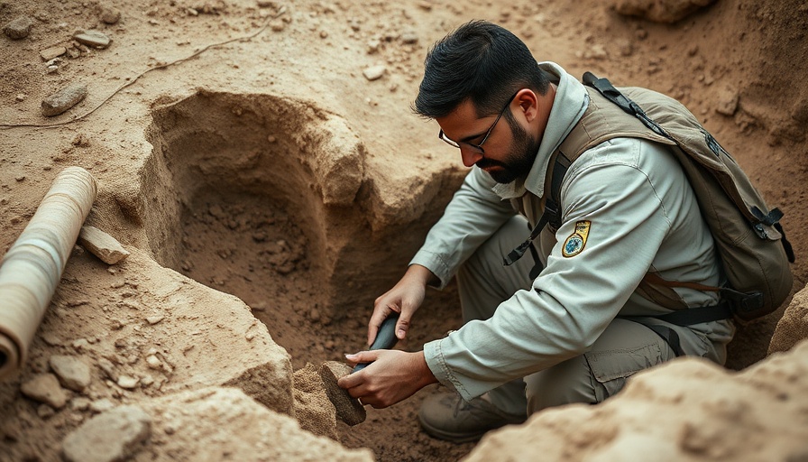 Archaeologist excavating Polish pyramids site in sandy trench