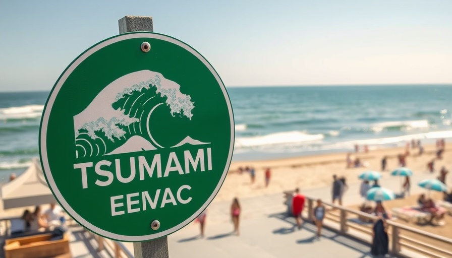 Tsunami evacuation route sign on beach promenade, UN Tsunami Warning System