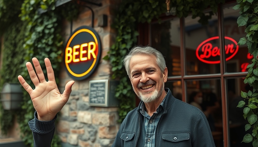Cheerful middle-aged man waving outside ivy-covered bar.