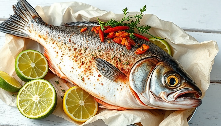 Summer spicy fish recipe with herb garnish and lime wedges.