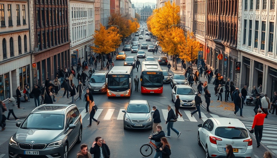 Bustling Helsinki street with pedestrians and vehicles in autumn
