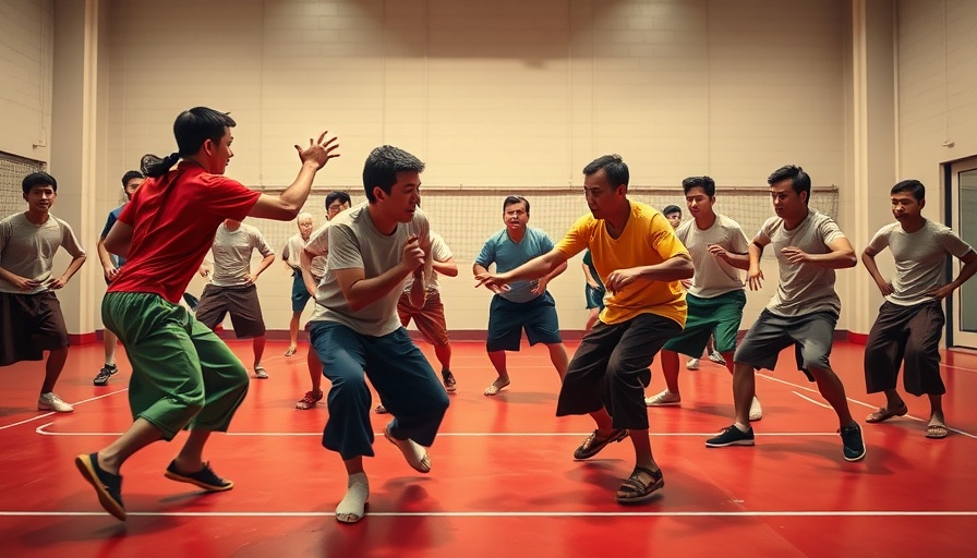 Players reviving Pok-ta-Pok on an indoor red court in Belize.