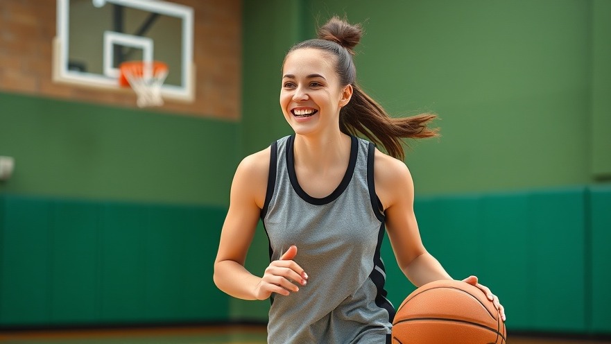 Energetic young female basketball player smiling, showcasing resilience in women's college basketball.