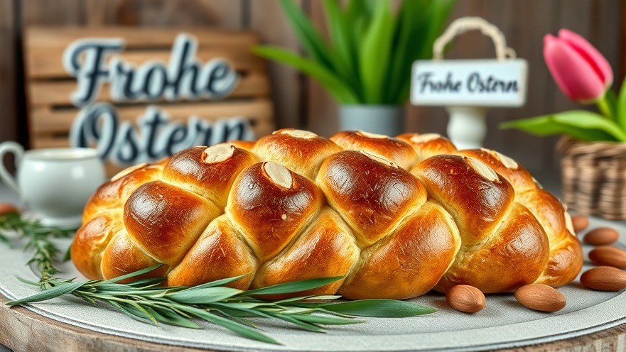 Delicious braided Easter bread with almonds and tulip decor for festive Osterdekoration.