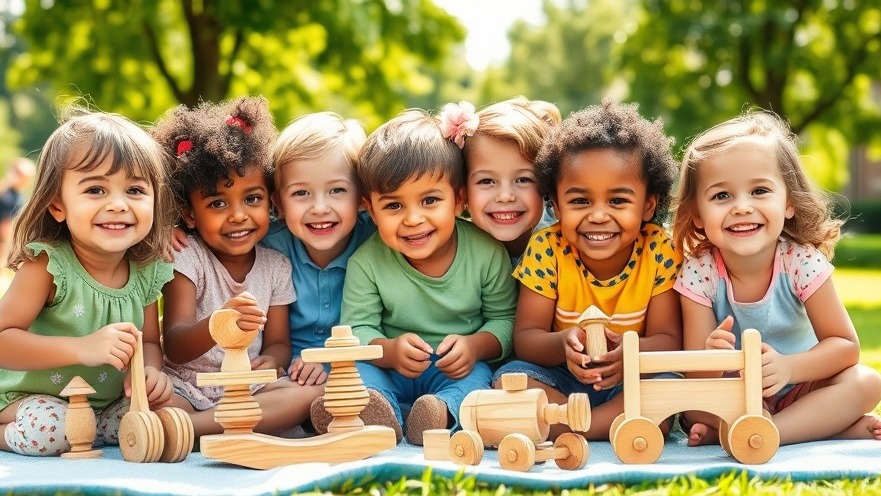 Children playing joyfully with sustainable wooden toys in a sunlit park, showcasing antibakterielle Eigenschaften von Holz.