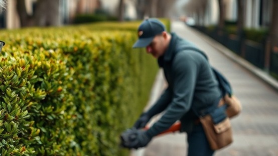 Thuja hedge removal in Glinde with a worker and man in residential area.
